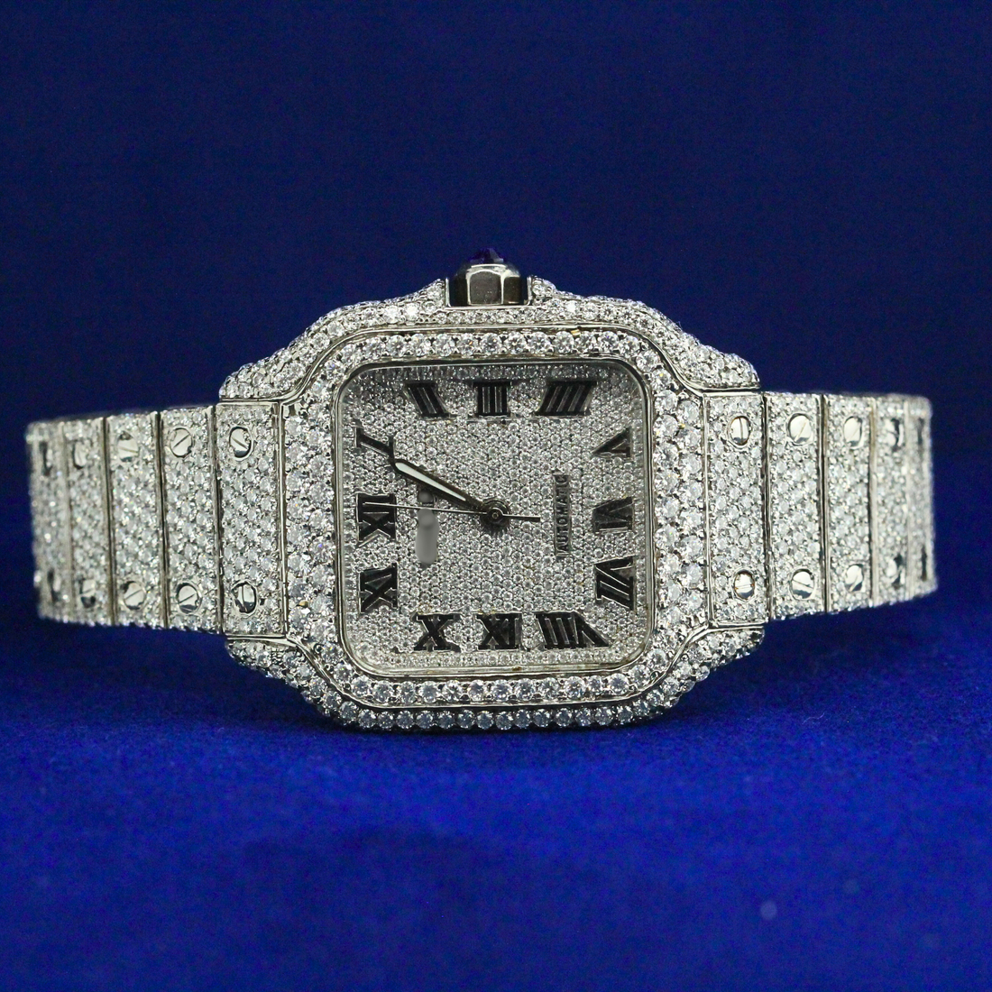 Front view of Diamond Roman IceQueen watch with iced out bezel and Roman numeral dial, blending luxury and hip hop jewelry.