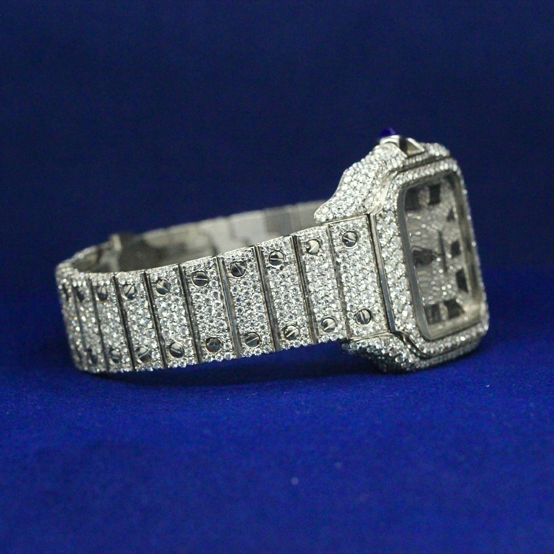 Front view of Diamond Roman IceQueen watch with iced out bezel and Roman numeral dial, blending luxury and hip hop jewelry.