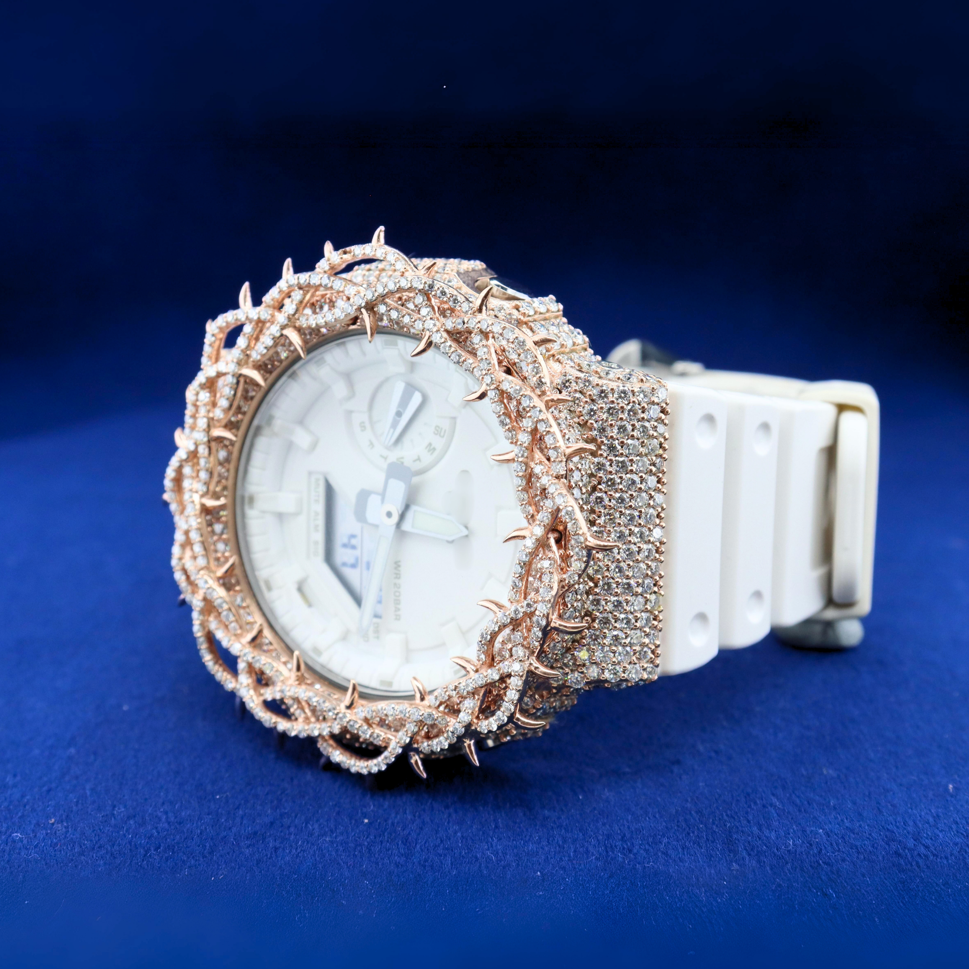 Right side view of Diamond Thorn Royal Watch highlighting the intricate thorn crown and shimmering moissanite diamonds.