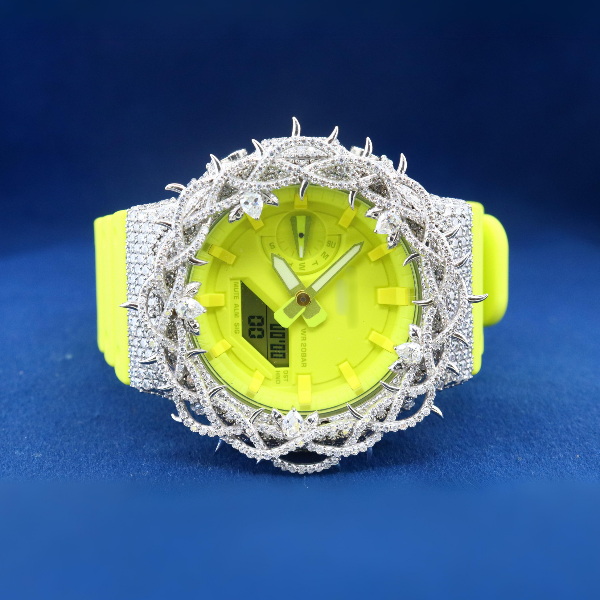 Front view of the Frosted Crown Royal Watch encrusted with sparkling moissanite diamonds, featuring a frosted royal design and luxury finish.