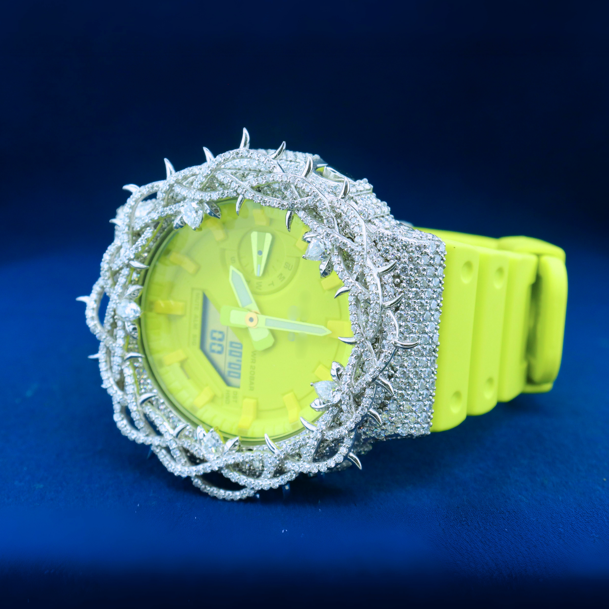 Left side view of the Frosted Crown Royal Watch with moissanite diamond detailing and frosted case finish.