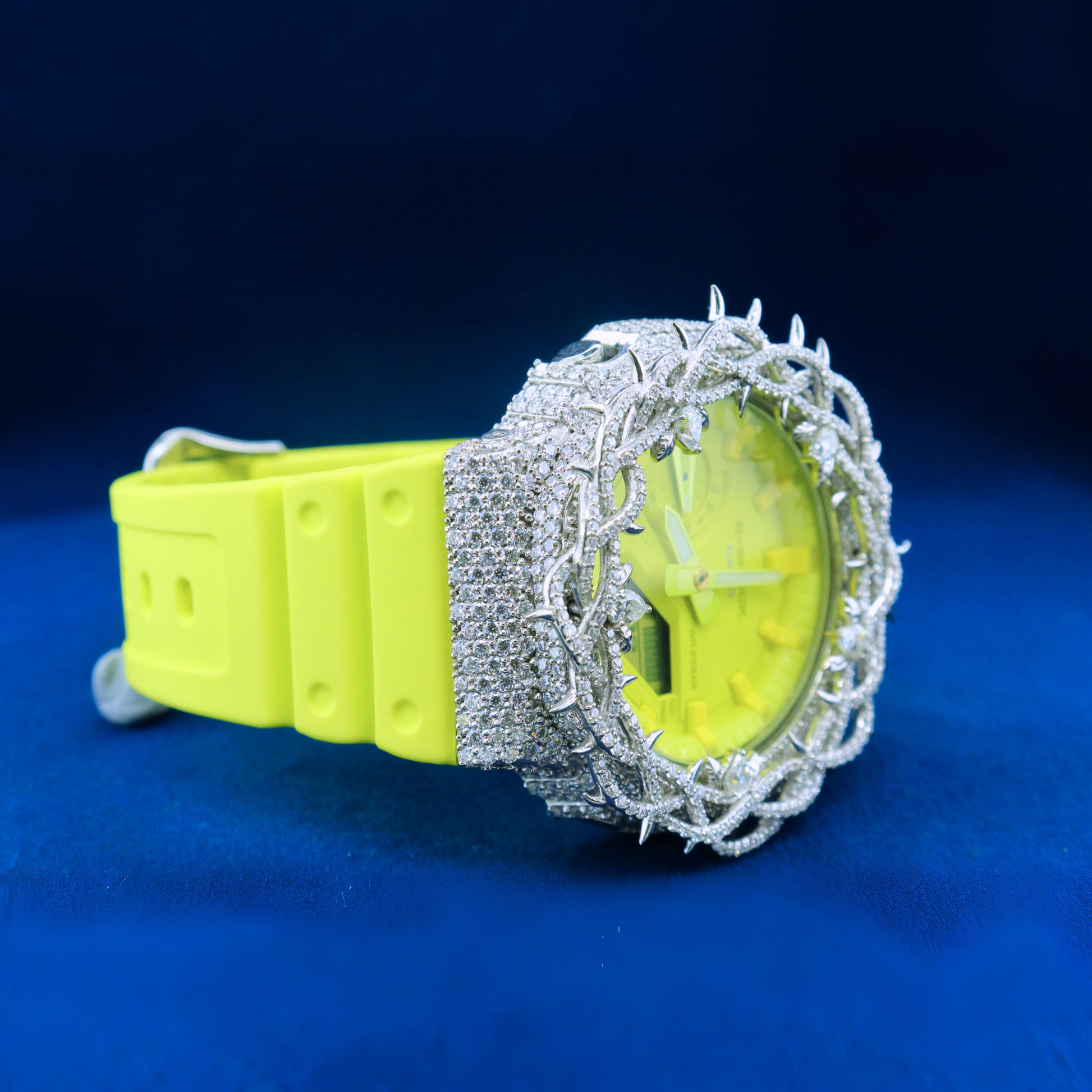Right angle of the Frosted Crown Royal Watch showcasing icy moissanite diamonds and bold crown-inspired craftsmanship.