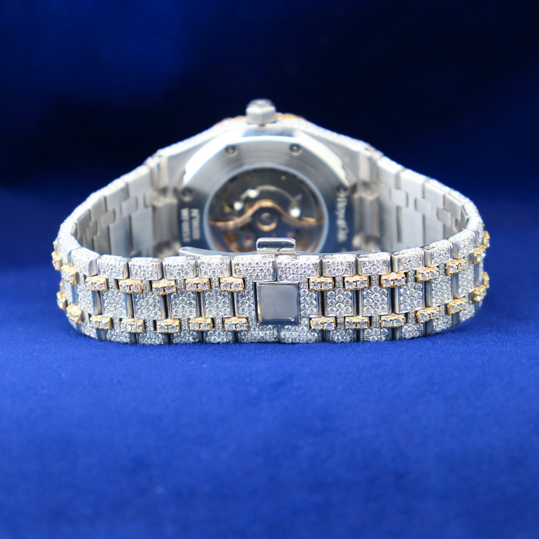 Back view of the fully encrusted luxury watch showing 925 silver craftsmanship and secure clasp.