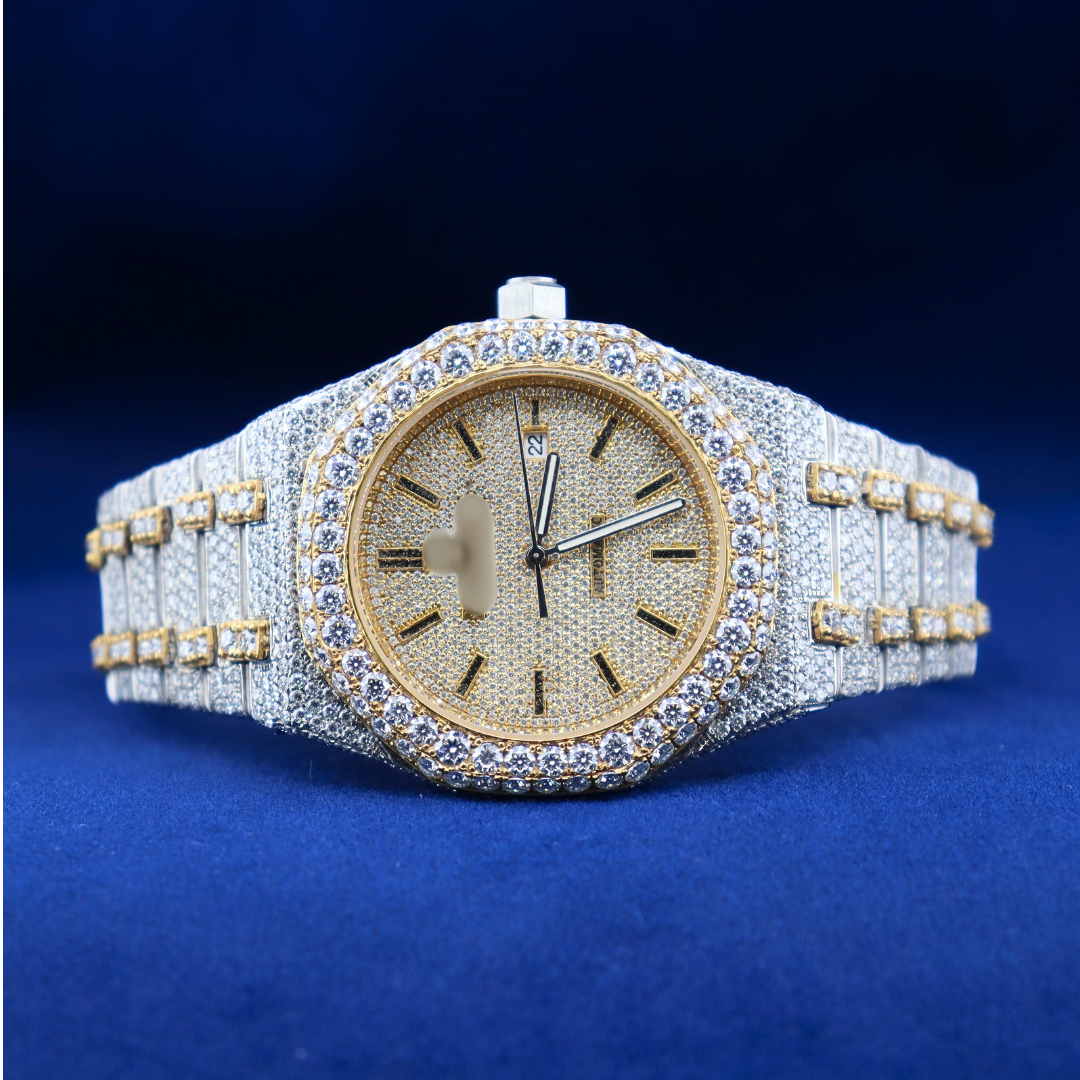 Front view of fully encrusted men’s luxury watch with shimmering moissanite diamonds and iced-out dial.