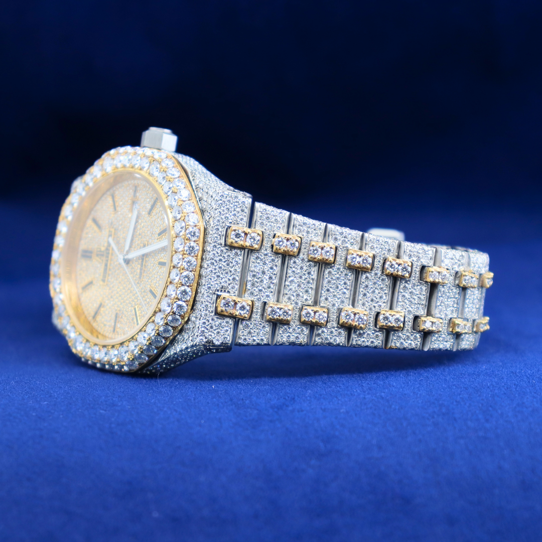 Left side view of fully iced men’s luxury watch with premium moissanite diamond setting.