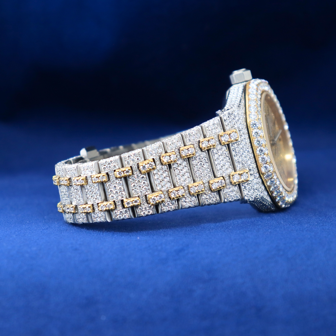 Right angle showing the iced-out casing and intricate moissanite detailing on the luxury men's watch.