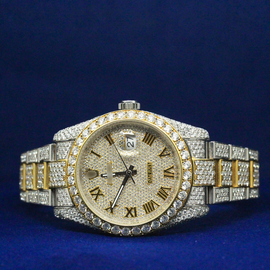 Front view of Golden Roman Majesty watch featuring moissanite diamonds and Roman numeral dial in iced-out gold finish.