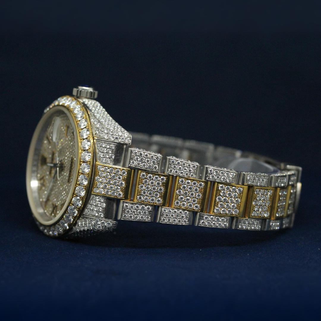 Left angle of Golden Roman Majesty showcasing Roman numeral layout and moissanite sparkle in fine jewelry design.