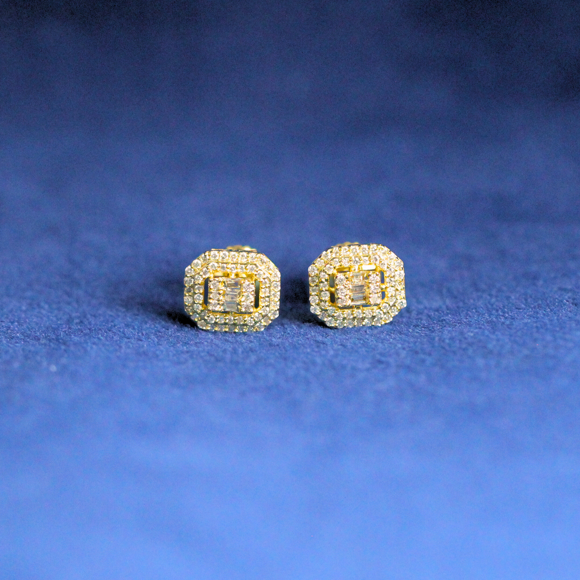 Bold baguette luxe studs earrings in 925 silver, encrusted with Moissanite diamonds for a premium hip-hop jewelry look.