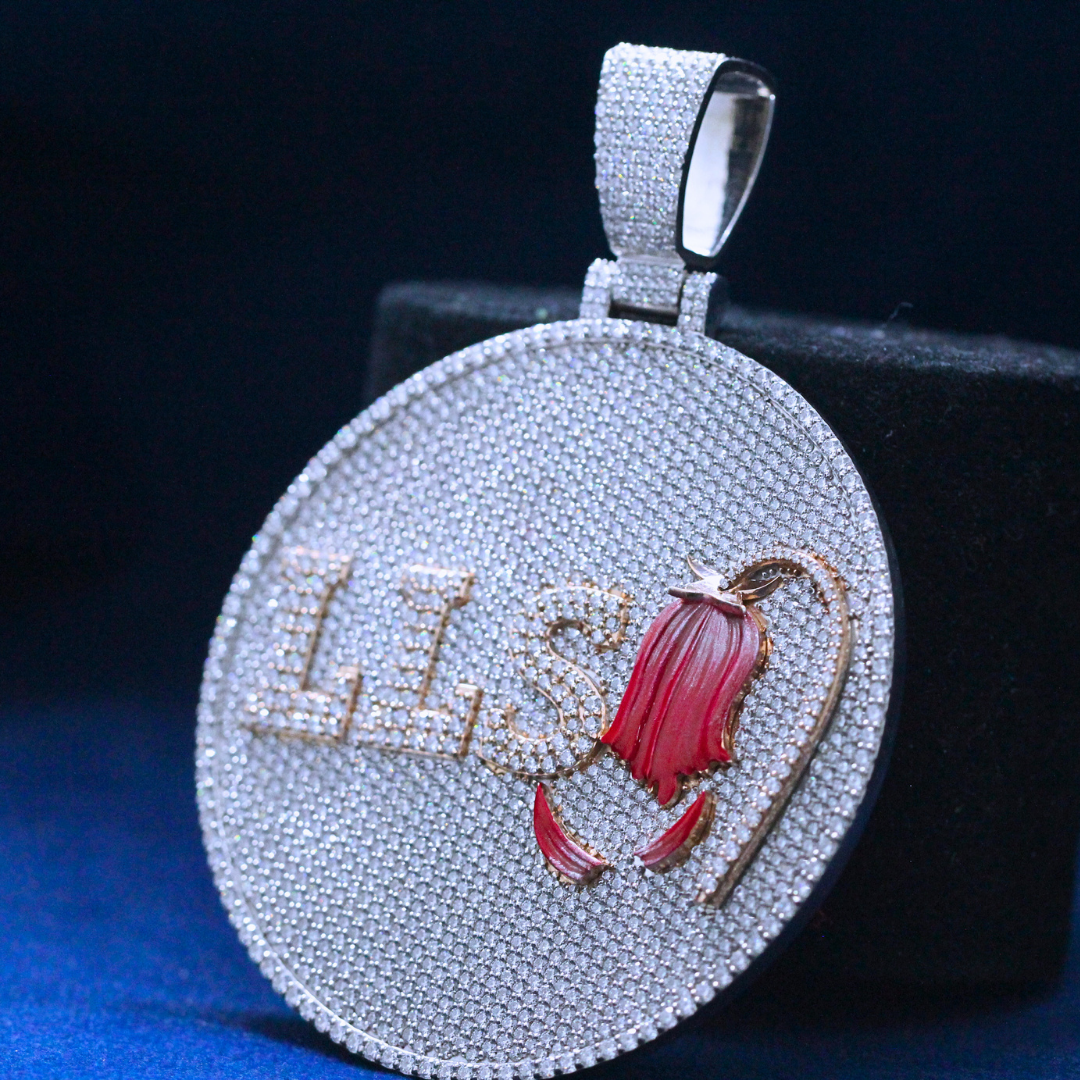 Right-side view of Iced Blossom Medallion Pendant in 925 silver, featuring an intricate floral pattern fully iced with Moissanite diamonds for a hip-hop jewelry statement.