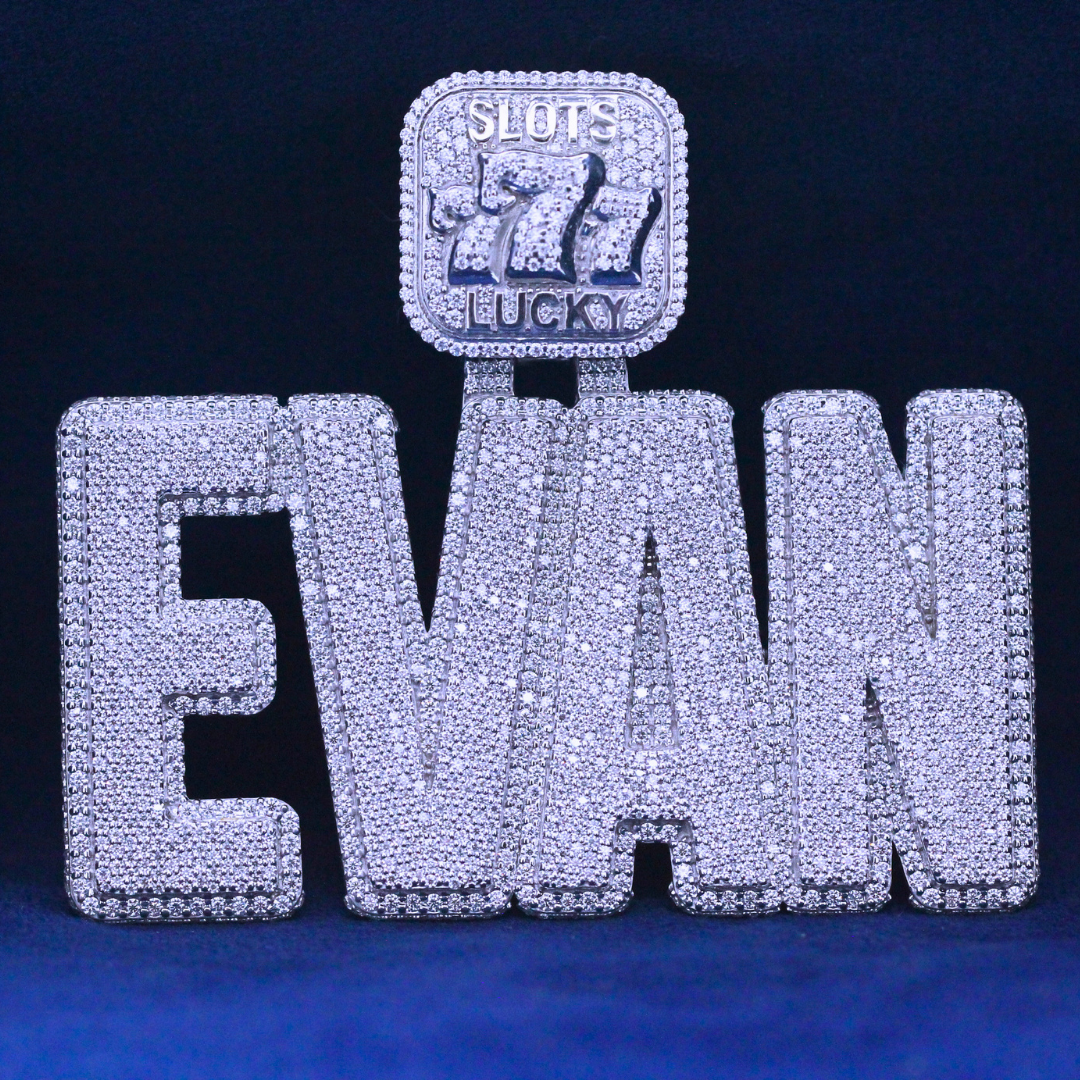 Royal Riches Evan Pendant in 925 silver, featuring an intricate iced-out Moissanite diamond design, perfect for luxury hip-hop jewelry enthusiasts.
