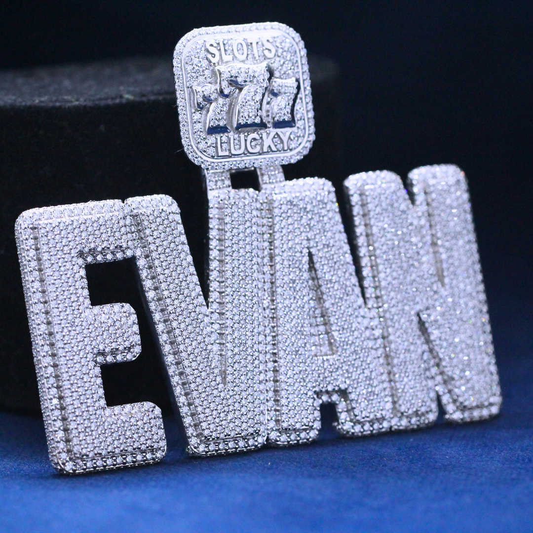 Left-side view of Royal Riches Evan Pendant in 925 silver, highlighting its dazzling Moissanite diamonds and detailed craftsmanship in fine hip-hop jewelry.