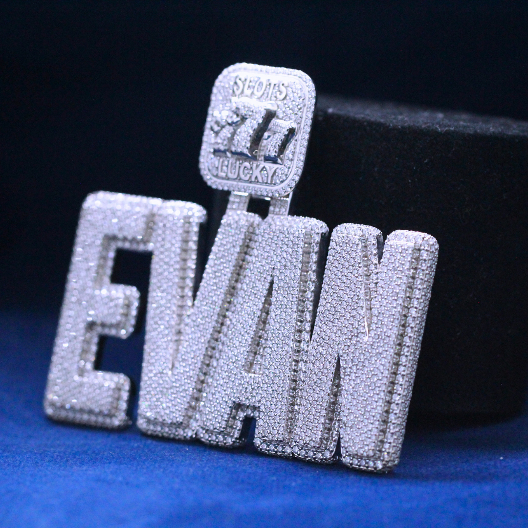 Right-side view of Royal Riches Evan Pendant in 925 silver, showcasing a bold and fully encrusted Moissanite diamond setting for hip-hop fashion lovers.
