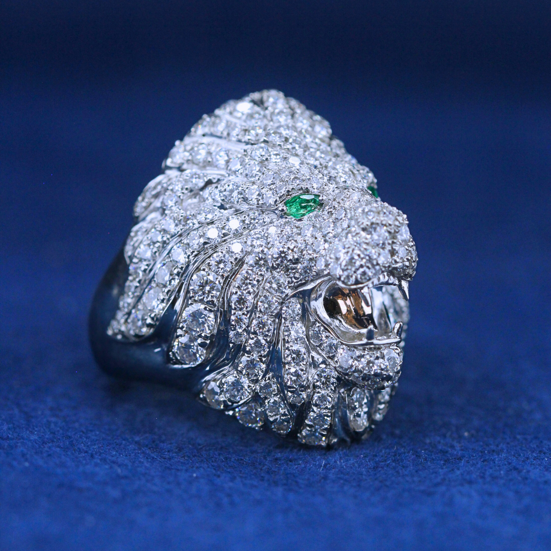 A left-side view of a hip-hop jewelry lion ring in 925 sterling silver, highlighting the detailed lion head design and bold styling.