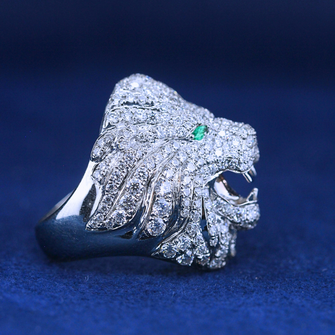 A right-side view of a hip-hop jewelry lion ring in 925 sterling silver, showcasing intricate craftsmanship and shimmering diamonds on the mane.