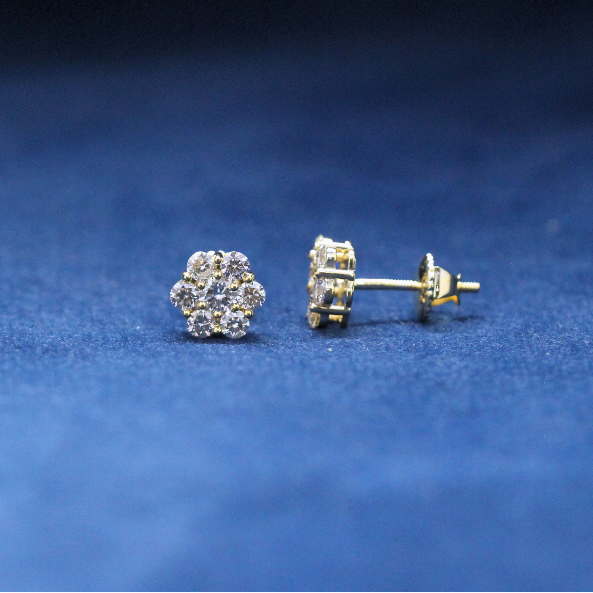 Left-side view of 925 silver Sparkle Blossom Studs earrings, fully iced with Moissanite diamonds for a bold hip-hop fashion look."