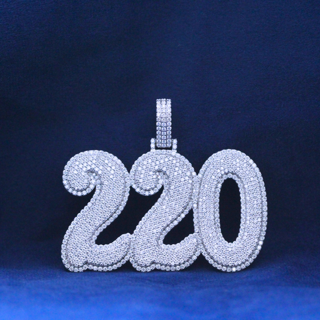 Two-Twenty Luxe Pendant in 925 silver, featuring a fully iced-out design with dazzling Moissanite diamonds, perfect for hip-hop jewelry enthusiasts.