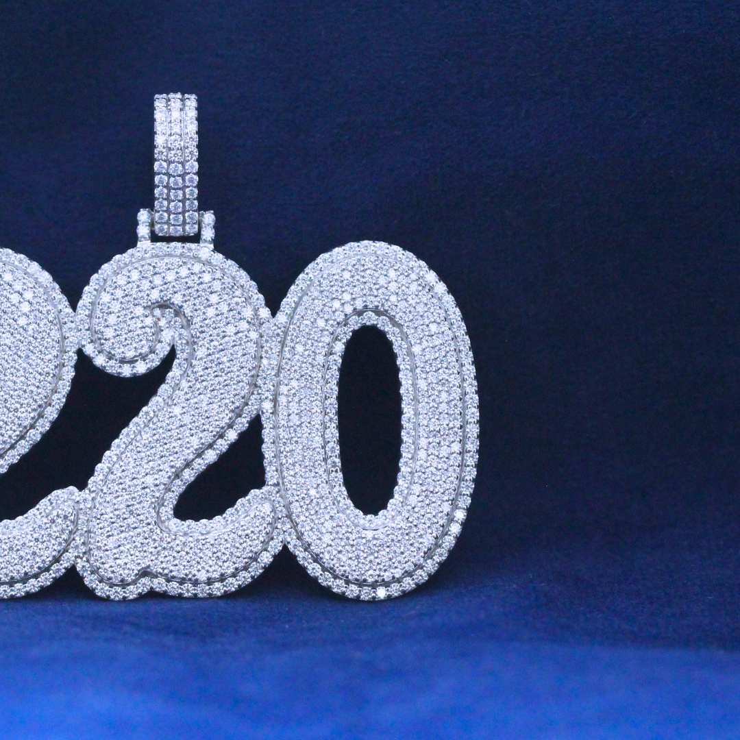 Right-side view of Two-Twenty Luxe Pendant in 925 silver, showcasing intricate craftsmanship and a bold Moissanite diamond setting for luxury hip-hop style.