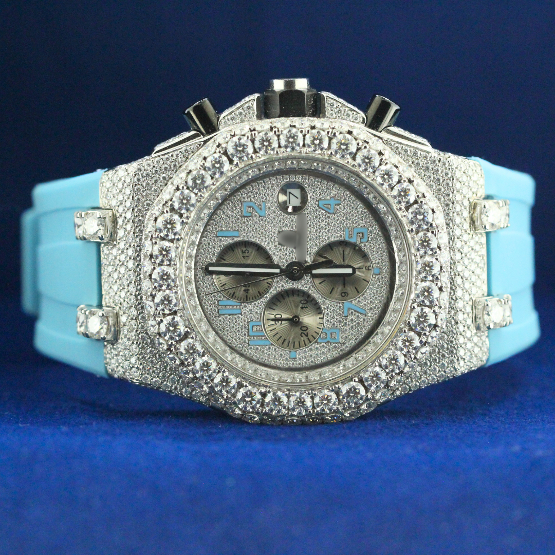 Front view of Hublot Big Bang Chronograph watch featuring a bold dial, multi-subdial display, and iced-out bezel, luxury hip hop jewelry.