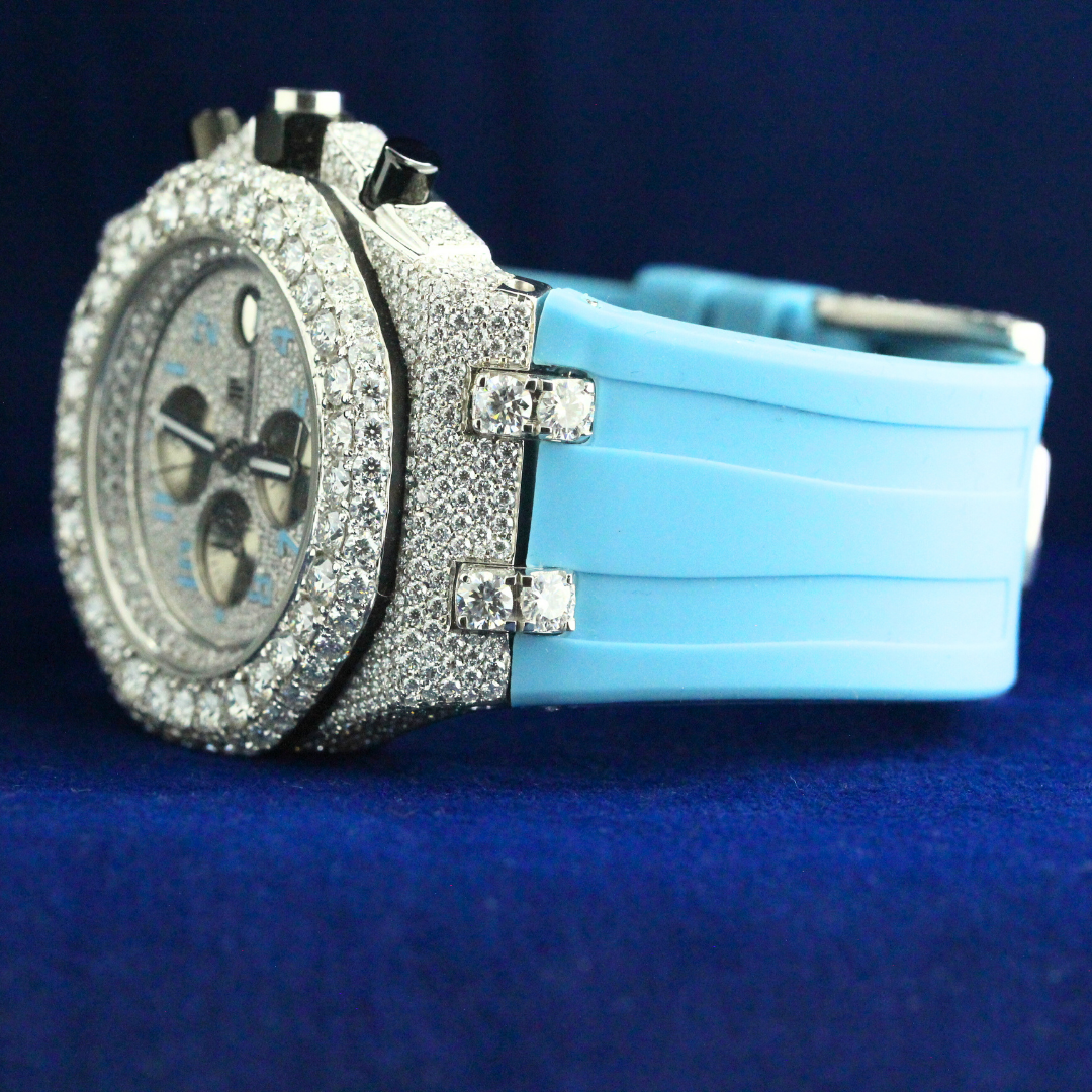 Right angle shot of the Hublot Big Bang Chronograph showing crown, pushers, and iced detailing, premium hip hop timepiece.