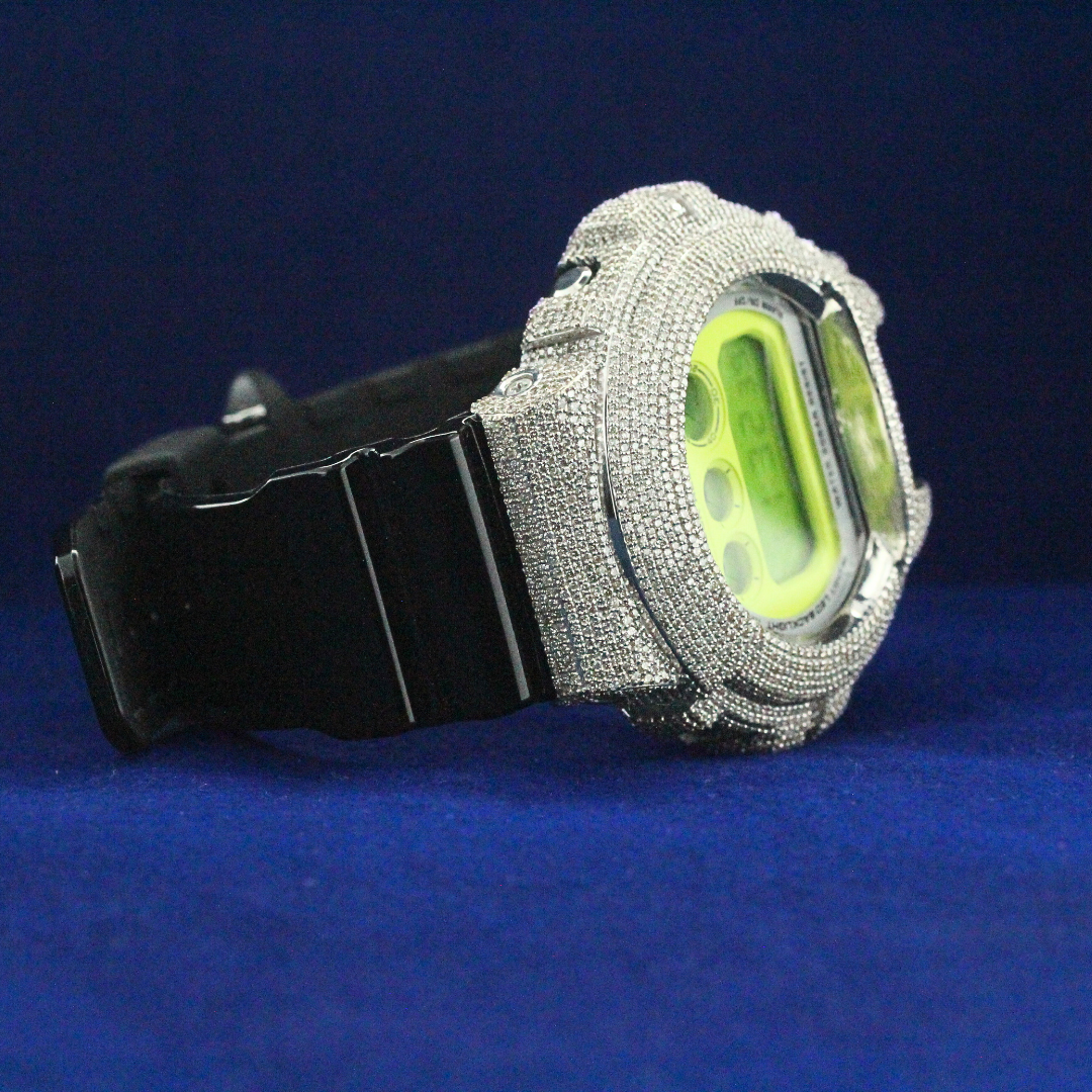 Front view of ICY Digital Chrono watch featuring moissanite diamonds with a fully iced-out digital display in a custom hip hop jewelry style.