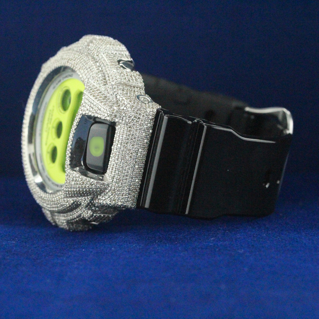 Right side angle of the ICY Digital Chrono, showing detailed moissanite diamond placement and sleek design in hip hop fashion.