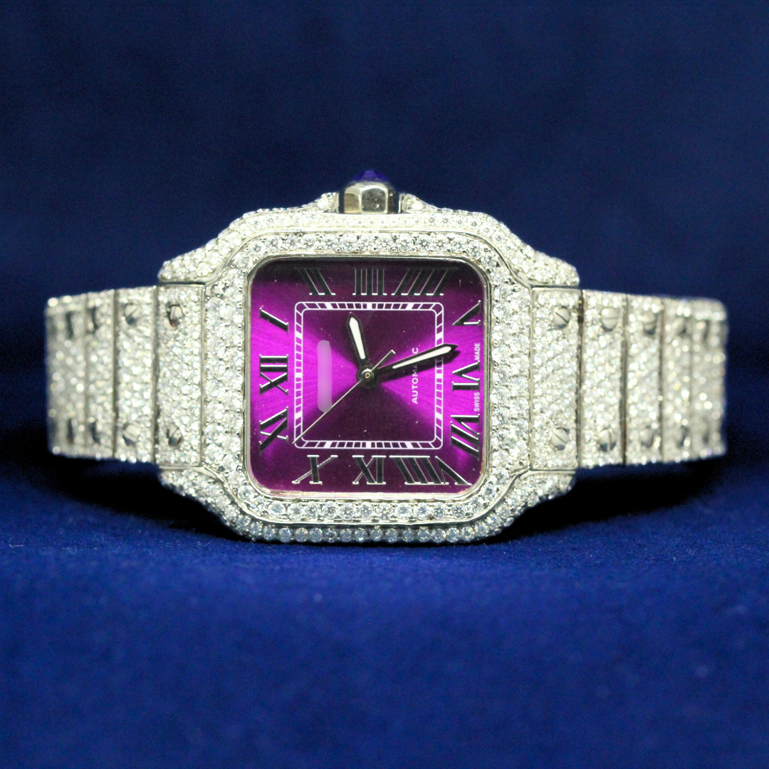 Front view of Ice Out Purple Majesty pendant with deep purple center stones and fully iced border, bold hip hop jewelry style.