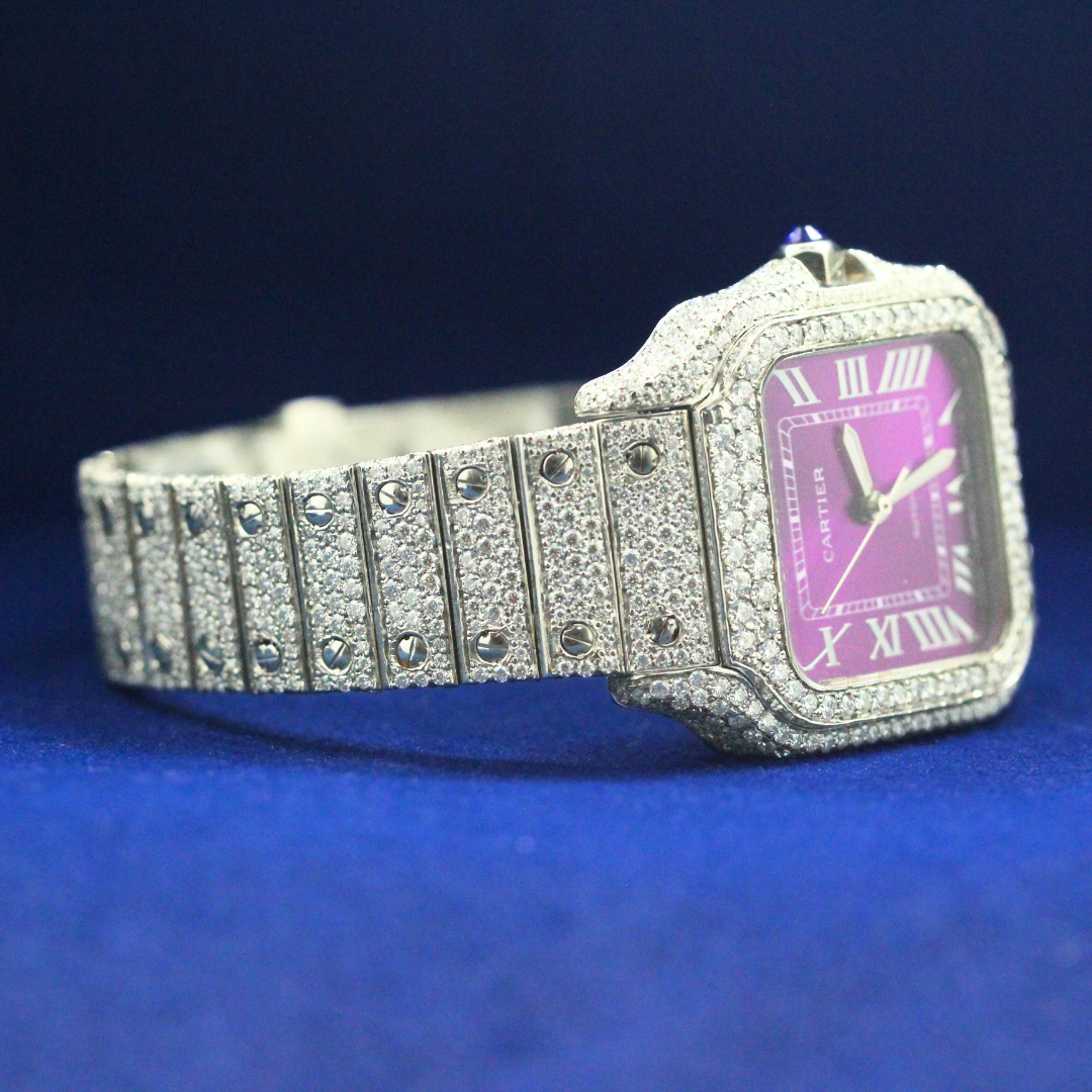 Front view of Ice Out Purple Majesty pendant with deep purple center stones and fully iced border, bold hip hop jewelry style.