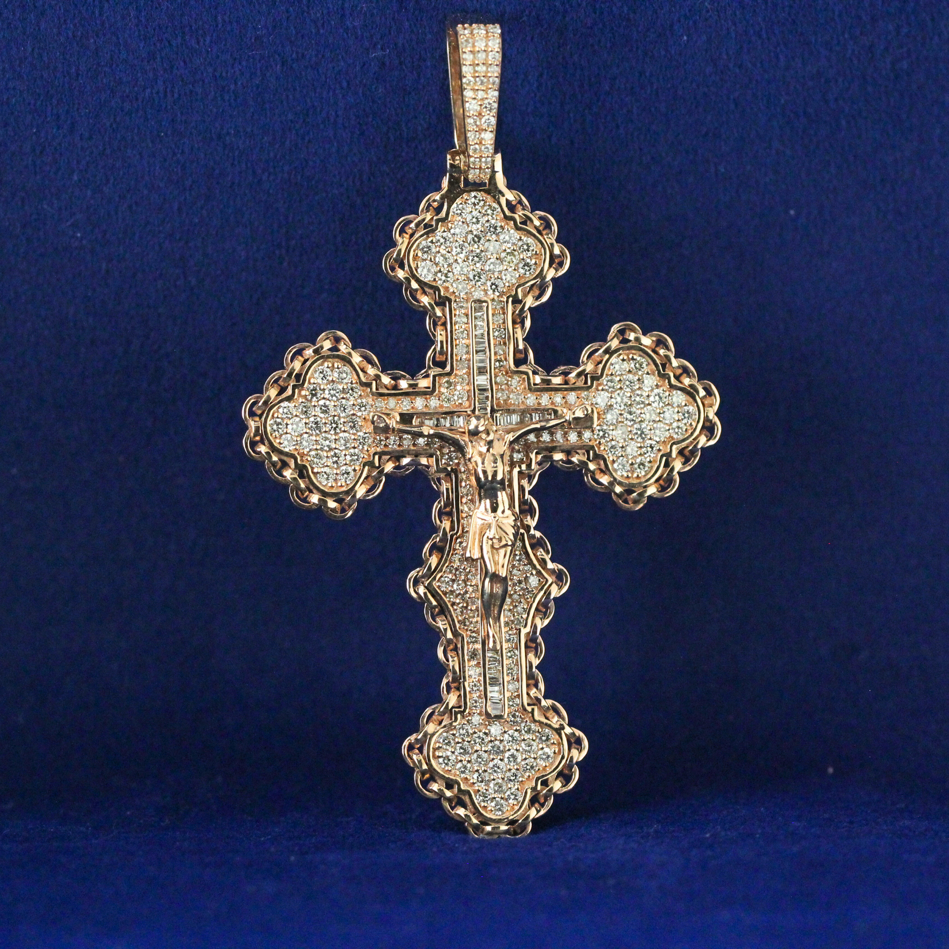 Front view of Iced Jesus Cross Pendant, fully encrusted with moissanite diamonds, designed for luxury hip-hop jewelry lovers.