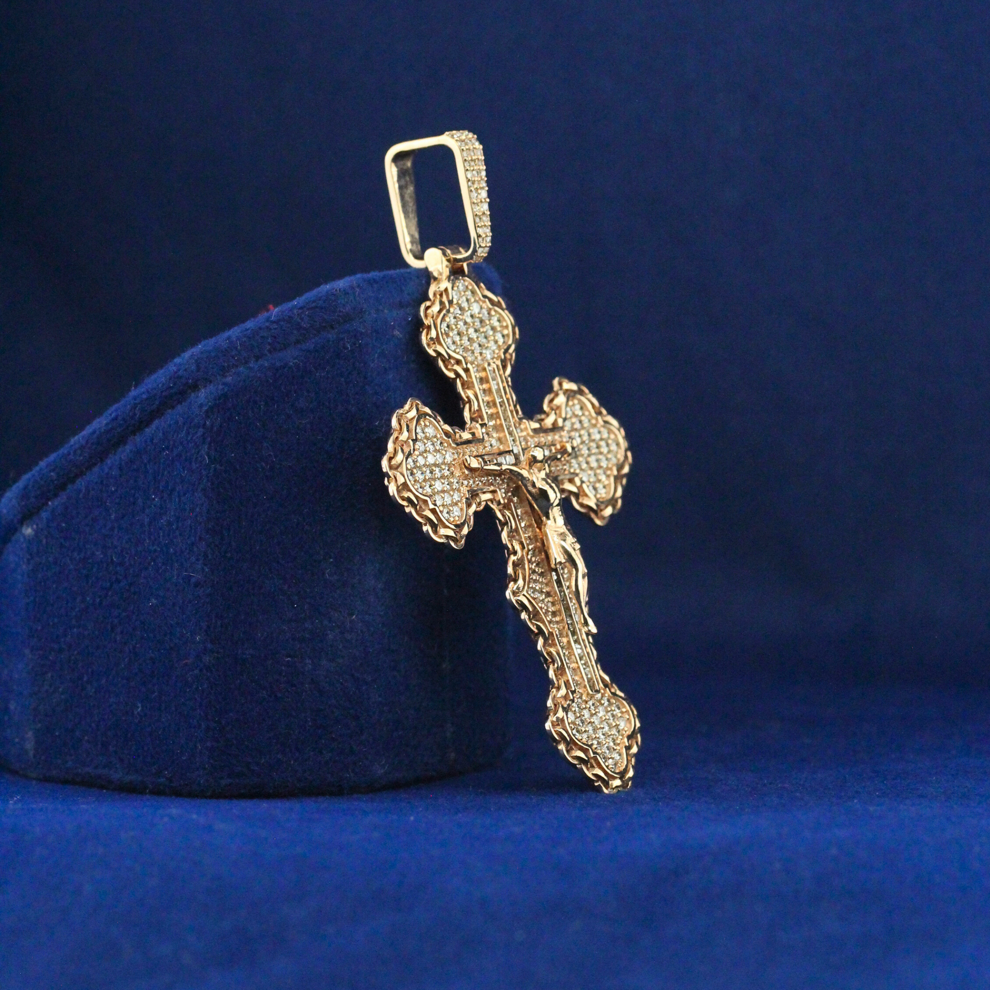 Left view of Iced Jesus Cross Pendant, highlighting its intricate moissanite diamond setting and luxury finish.