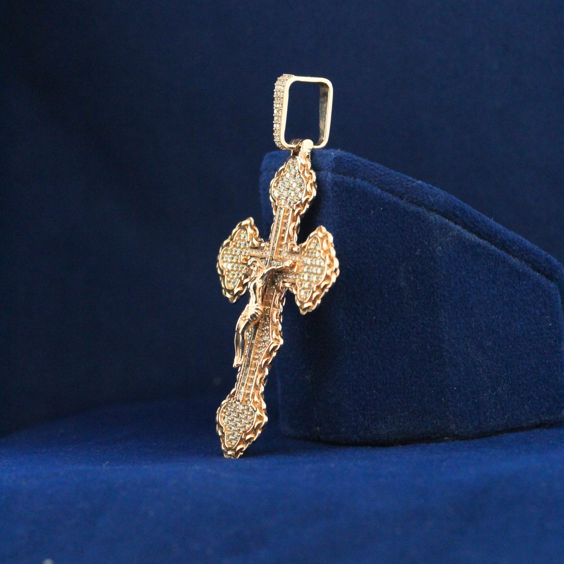 Right side angle of Iced Jesus Cross Pendant, showcasing moissanite diamond detailing and premium craftsmanship.
