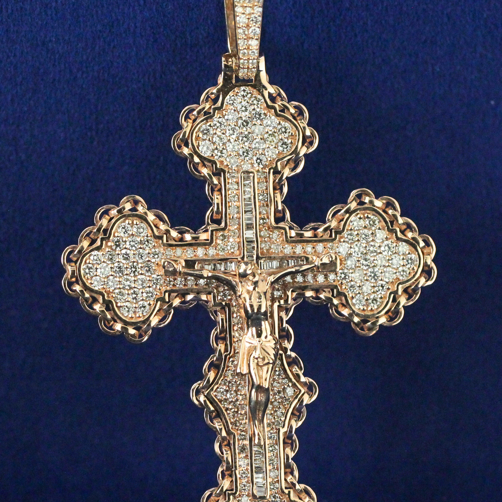 Close-up zoom view of Iced Jesus Cross Pendant, showcasing moissanite diamond brilliance and detailed hip-hop design.