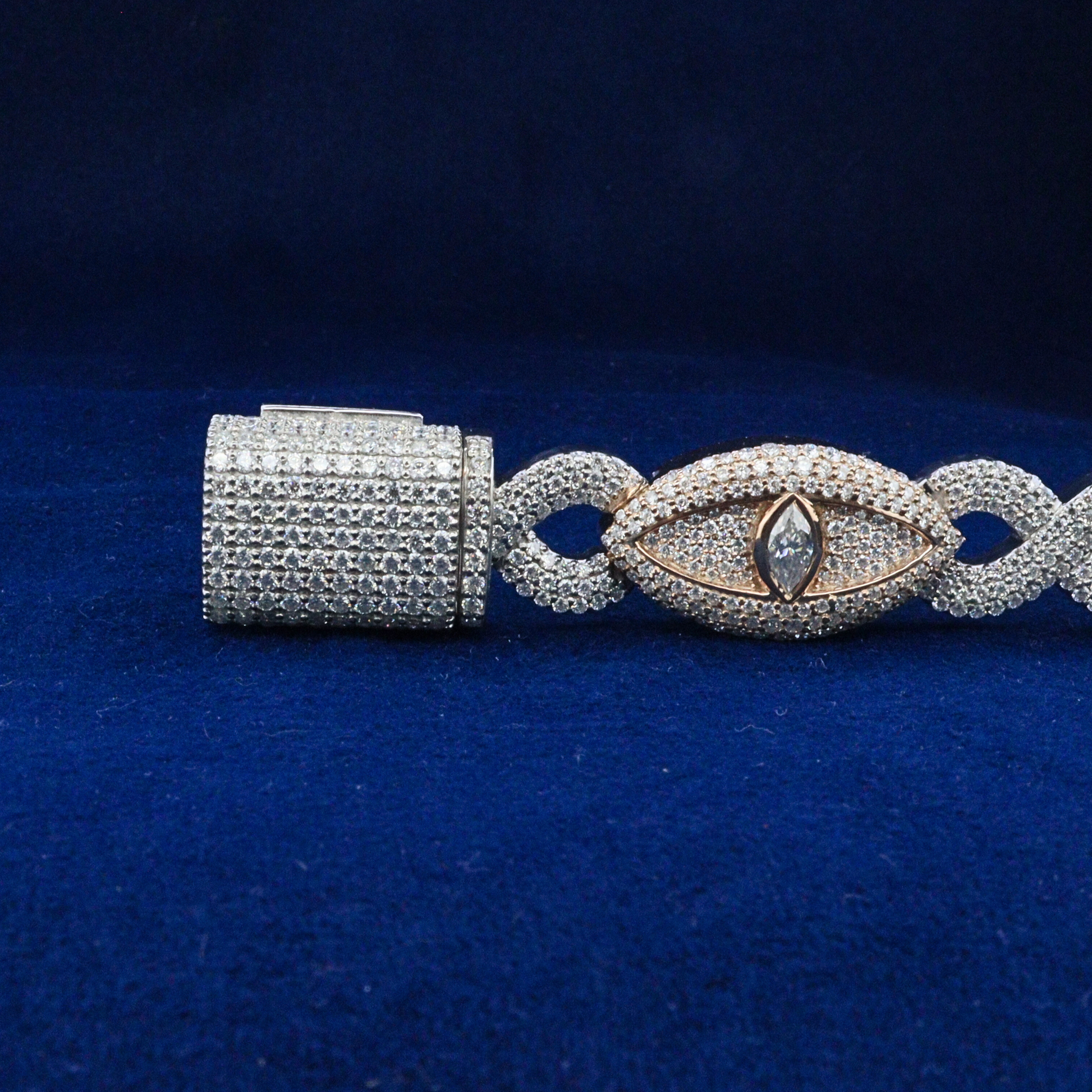 Zoomed-in view of the clasp on the Infinite Guardian Bracelet, showcasing secure locking mechanism in 925 silver with sparkling moissanite stones.