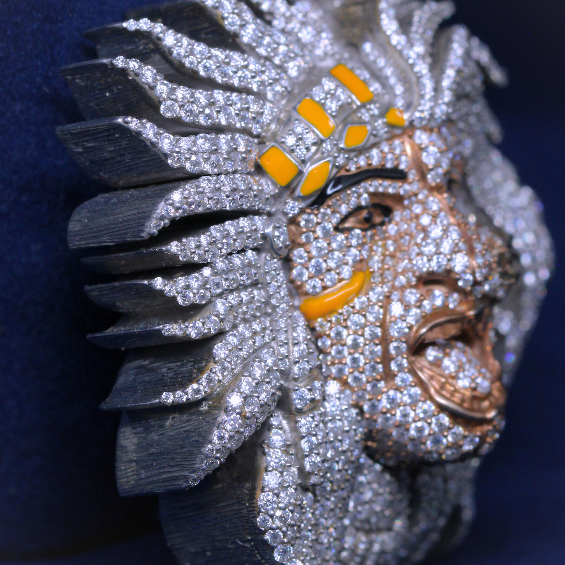Left side image of Exclusive Face Work Pendant with 925 silver frame and dazzling moissanite diamonds, showcasing elite fine jewelry design.