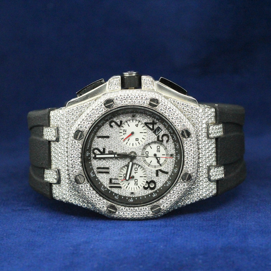 Front view of Luxury Diamond Chronograph Watch featuring a fully iced-out moissanite diamond bezel and dial, perfect for custom iced out hip hop watch collectors.