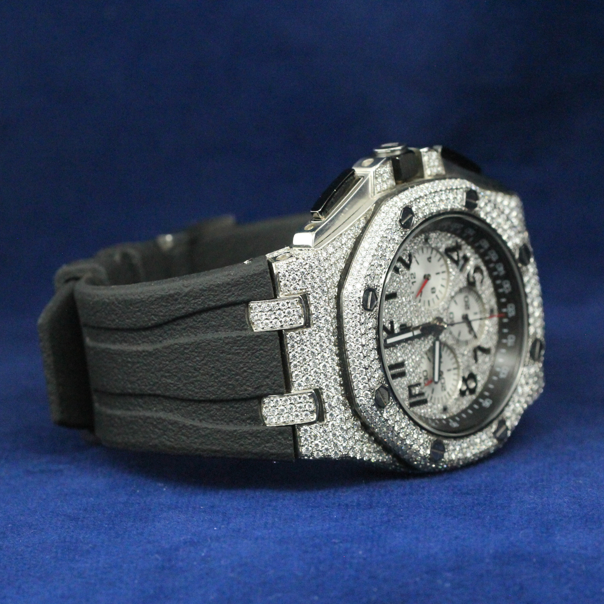 Right side view of the Luxury Diamond Chronograph Watch showcasing precision design and moissanite diamond shine for hip hop luxury fashion.