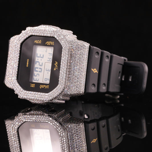Black Strap Iced Out G-Shock Watch with VVS Moissanite Diamonds