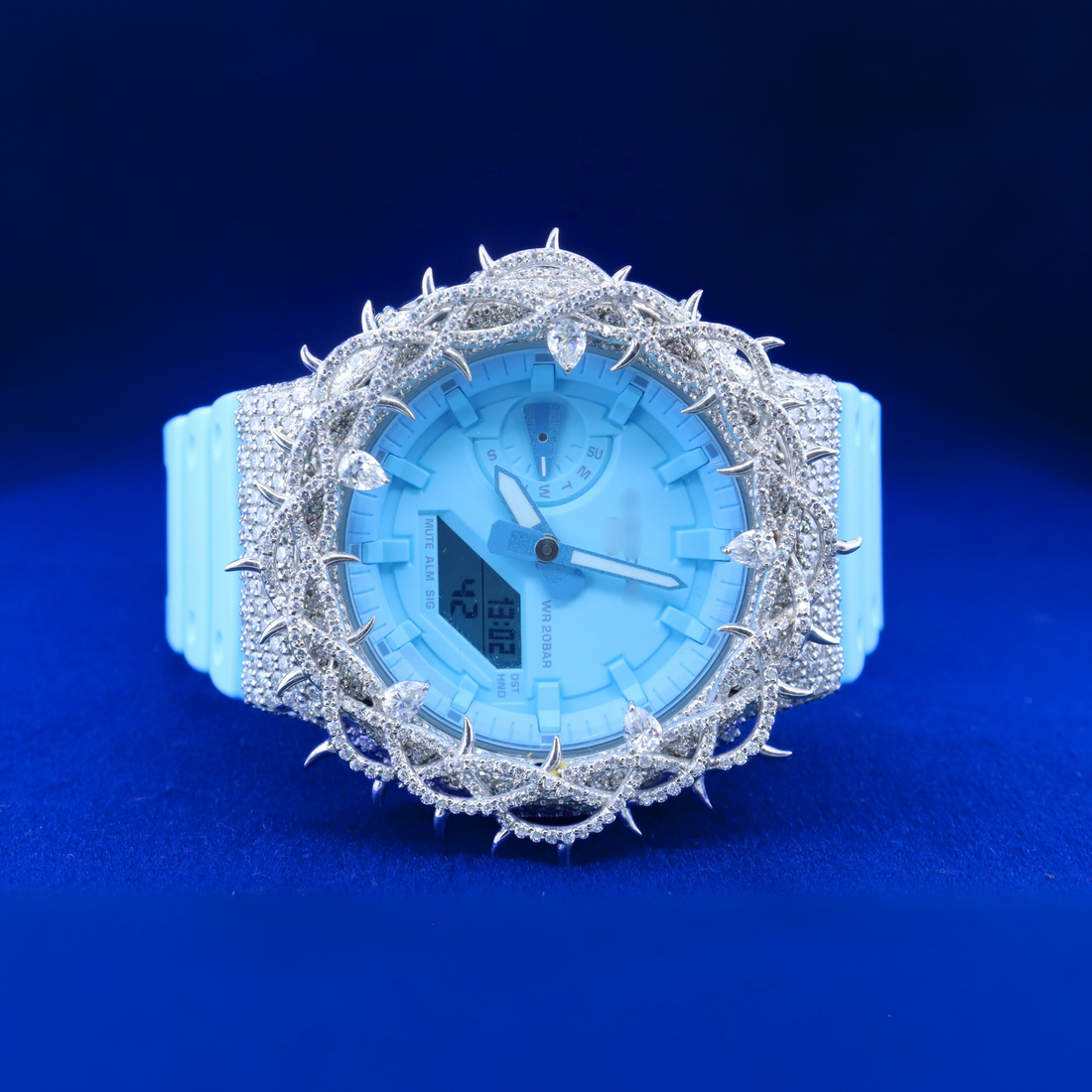 Front view of the Neon Crown Luxury Timepiece with radiant moissanite diamonds and a bold neon-inspired crown design.