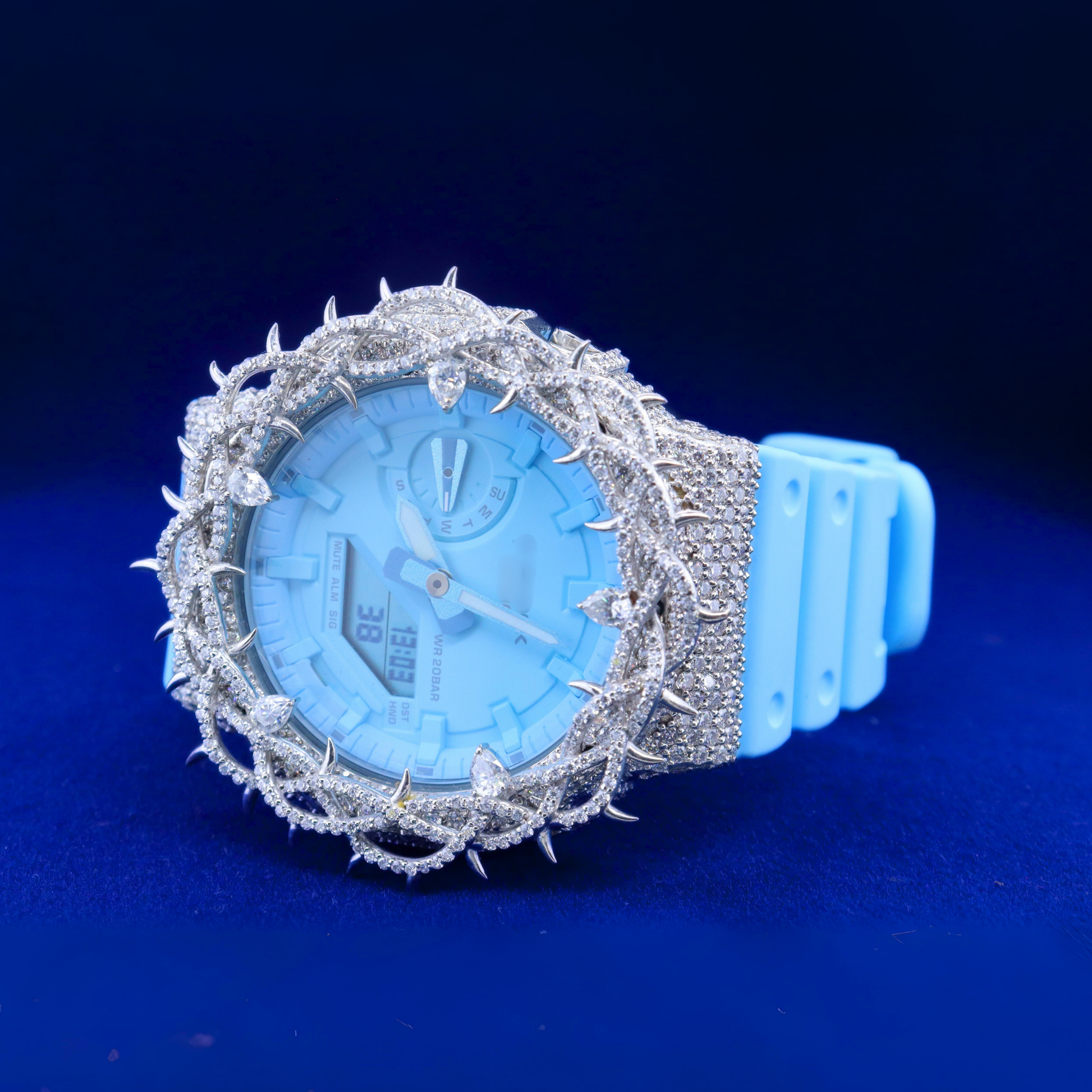 Left side of the Neon Crown Luxury Watch with a detailed view of the moissanite diamond accents and smooth metallic finish.