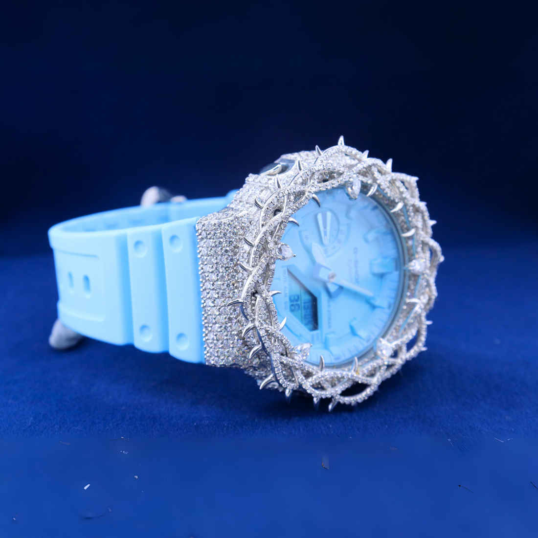 Front view of the Neon Crown Luxury Timepiece with radiant moissanite diamonds and a bold neon-inspired crown design.