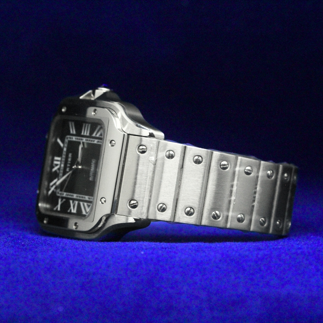 Left angle of a plain Roman Numeral Dial Watch showing detailed casing and smooth finish with a luxury urban vibe.