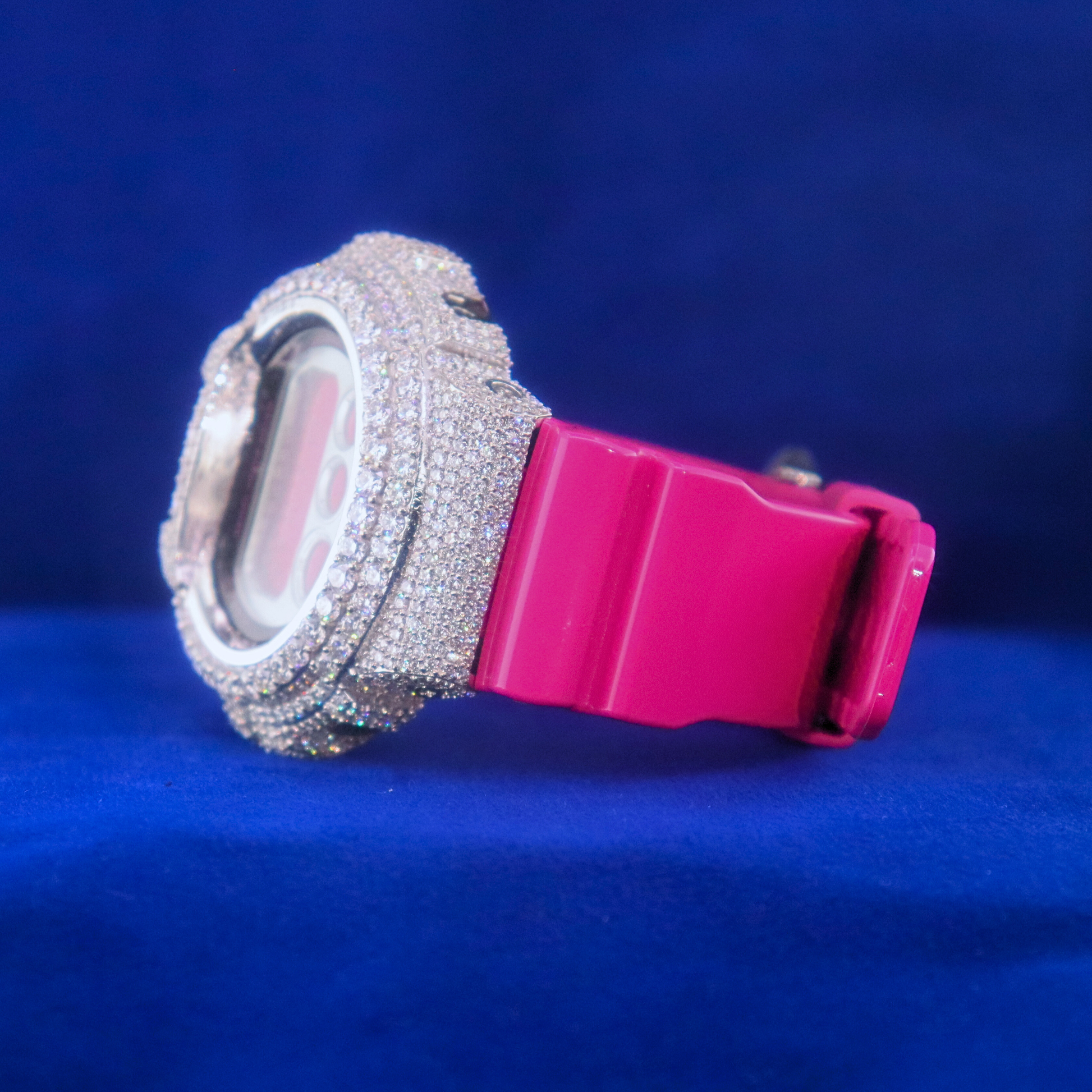 Left view of Pink Frost Phantom Blaze – 14K white gold digital watch with moissanite diamonds and pink frost finish