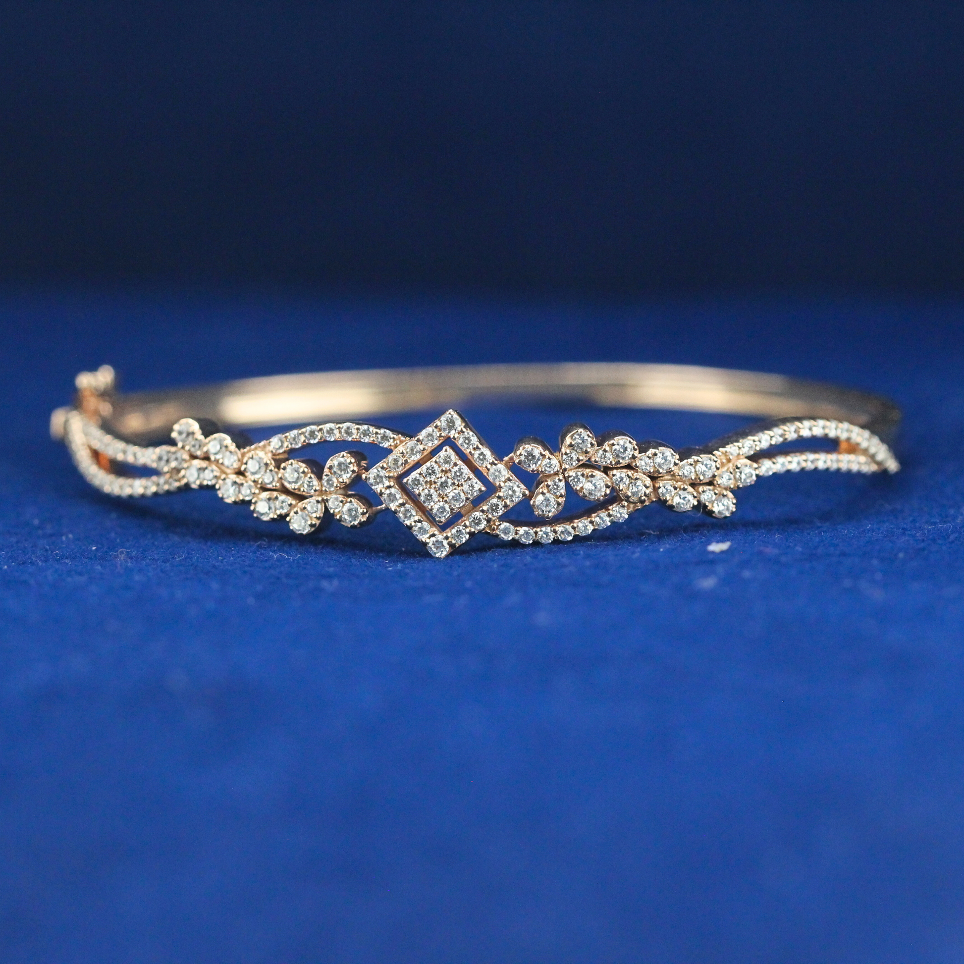 Front view of the Royal Bloom Bracelet in 925 silver, detailed with moissanite diamonds, showcasing a luxurious fine jewelry floral design.