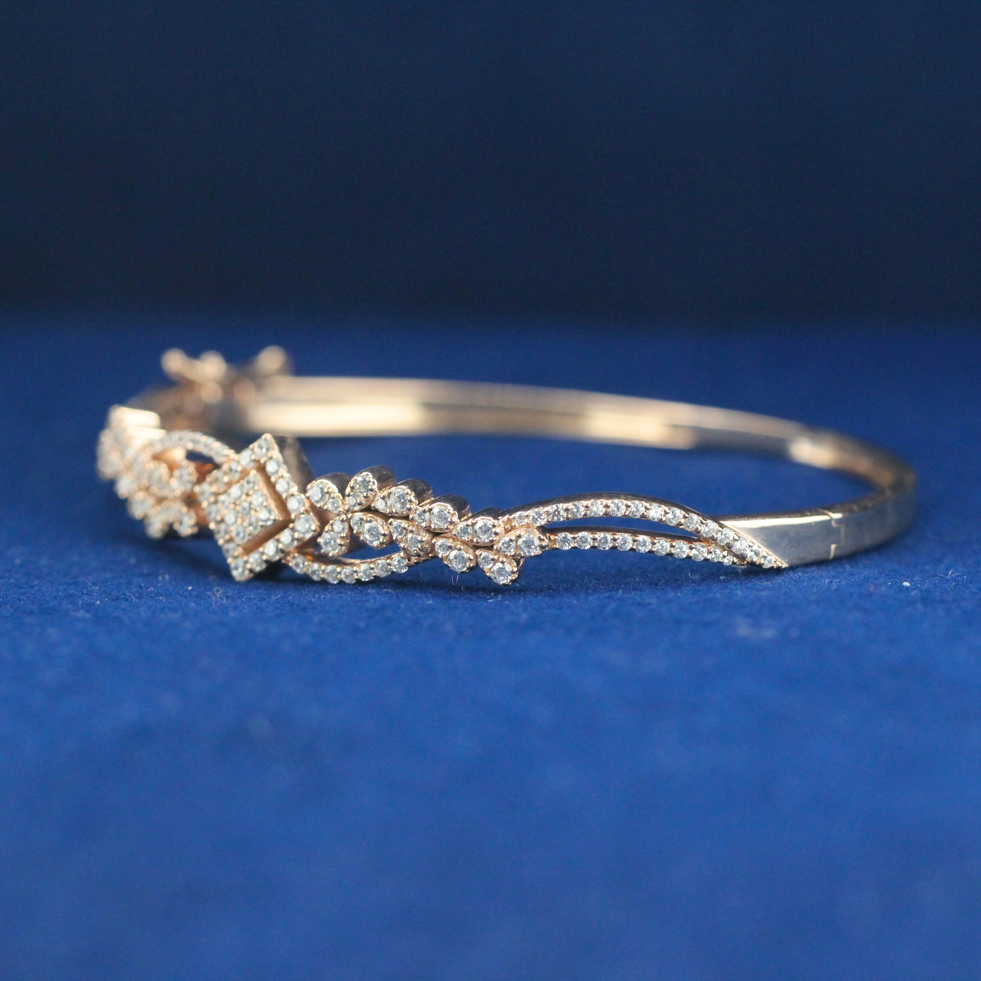 Right side angle of the Royal Bloom Bracelet, crafted with moissanite diamonds in a detailed floral pattern for an elegant fine jewelry look.