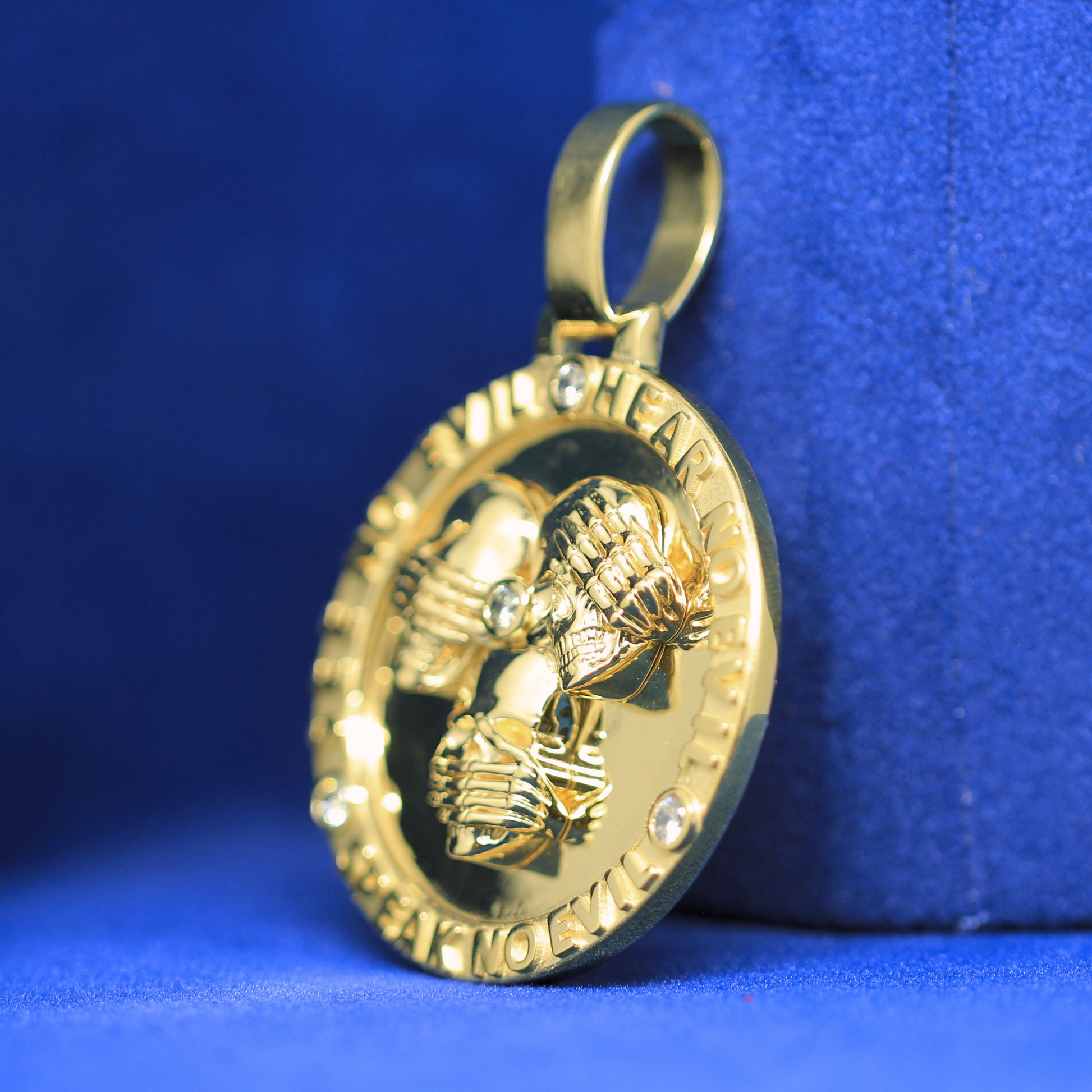 Left view of See No Evil Pendant, highlighting its intricate iced-out design and hip-hop pendant appeal.