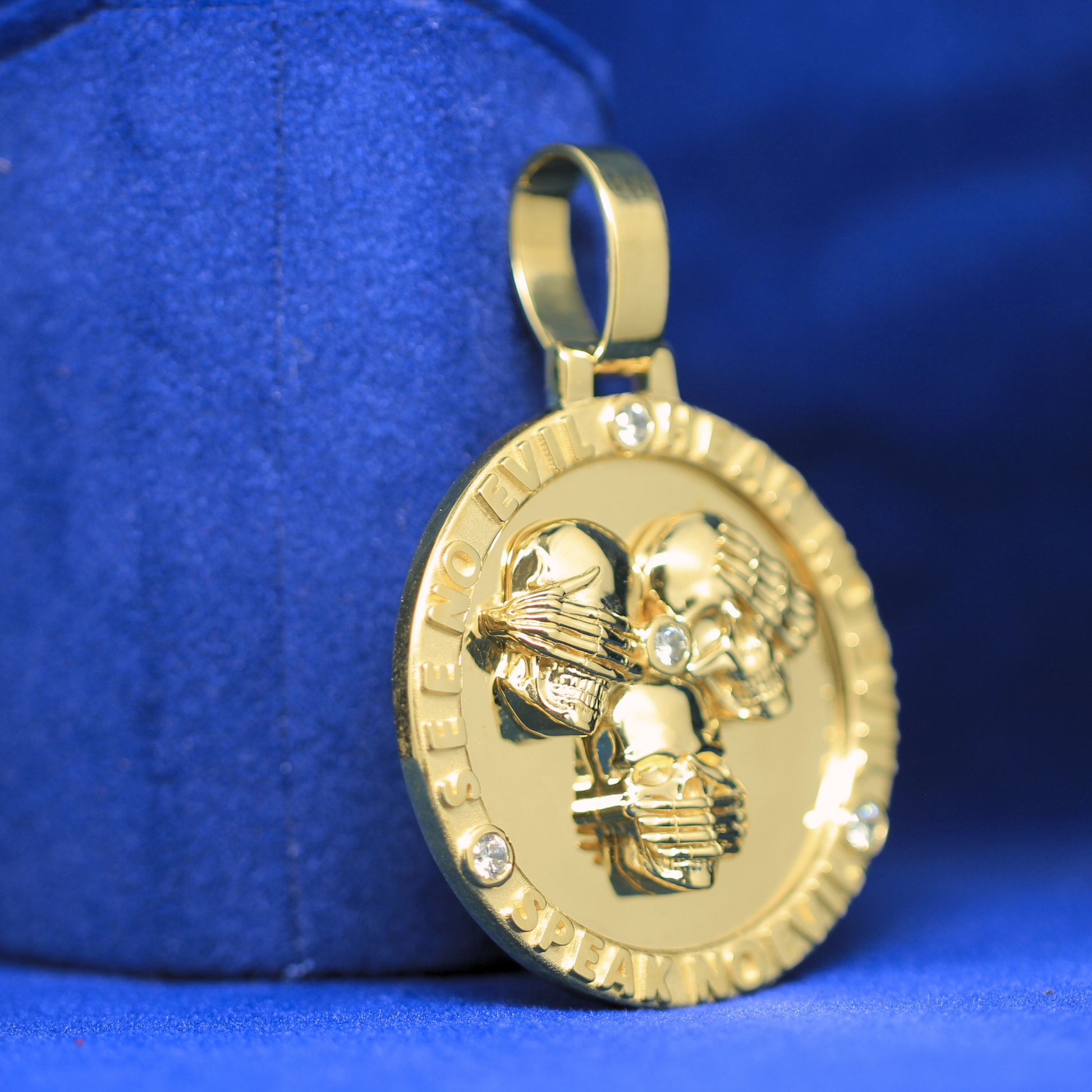 Right side angle of See No Evil Pendant, showcasing moissanite diamonds and premium hip-hop jewelry craftsmanship.