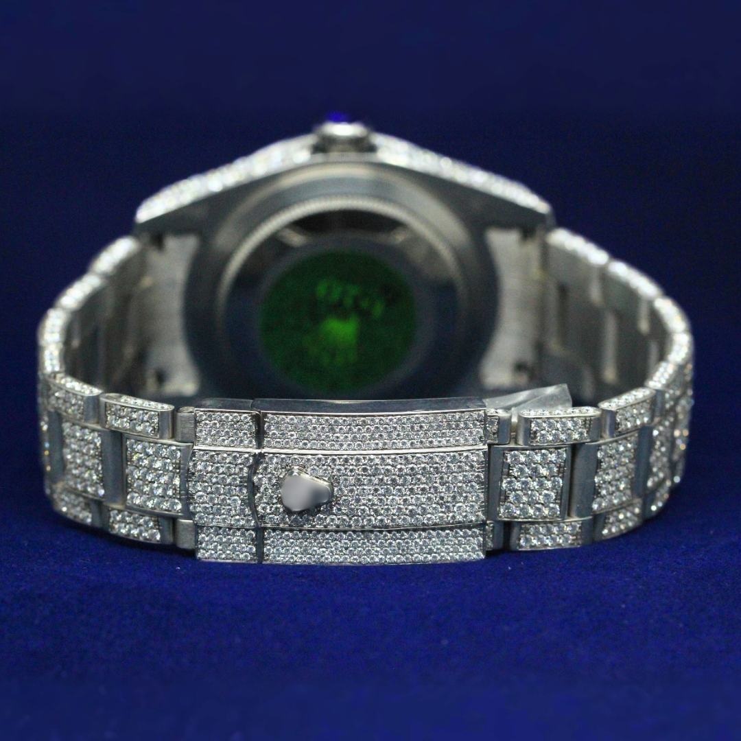 Back view of Silver Roman Majesty luxury watch with polished silver clasp and case back.