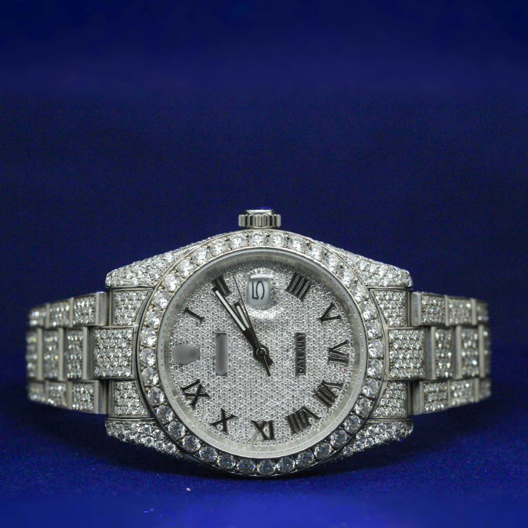 Front view of Silver Roman Majesty watch with moissanite diamonds, silver tone body, and Roman numeral dial in iced-out finish.