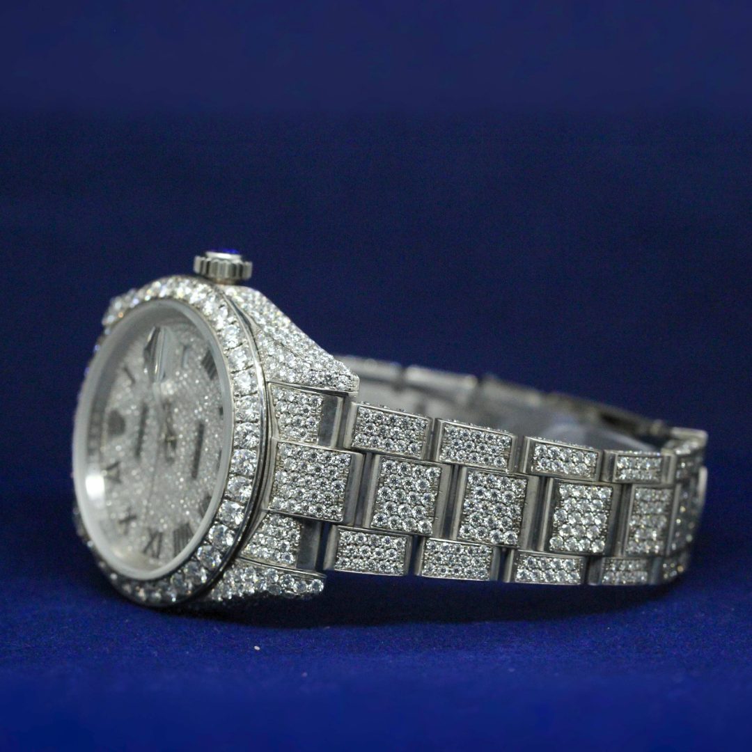 Left profile of Silver Roman Majesty watch featuring moissanite stones and detailed case design in silver finish.