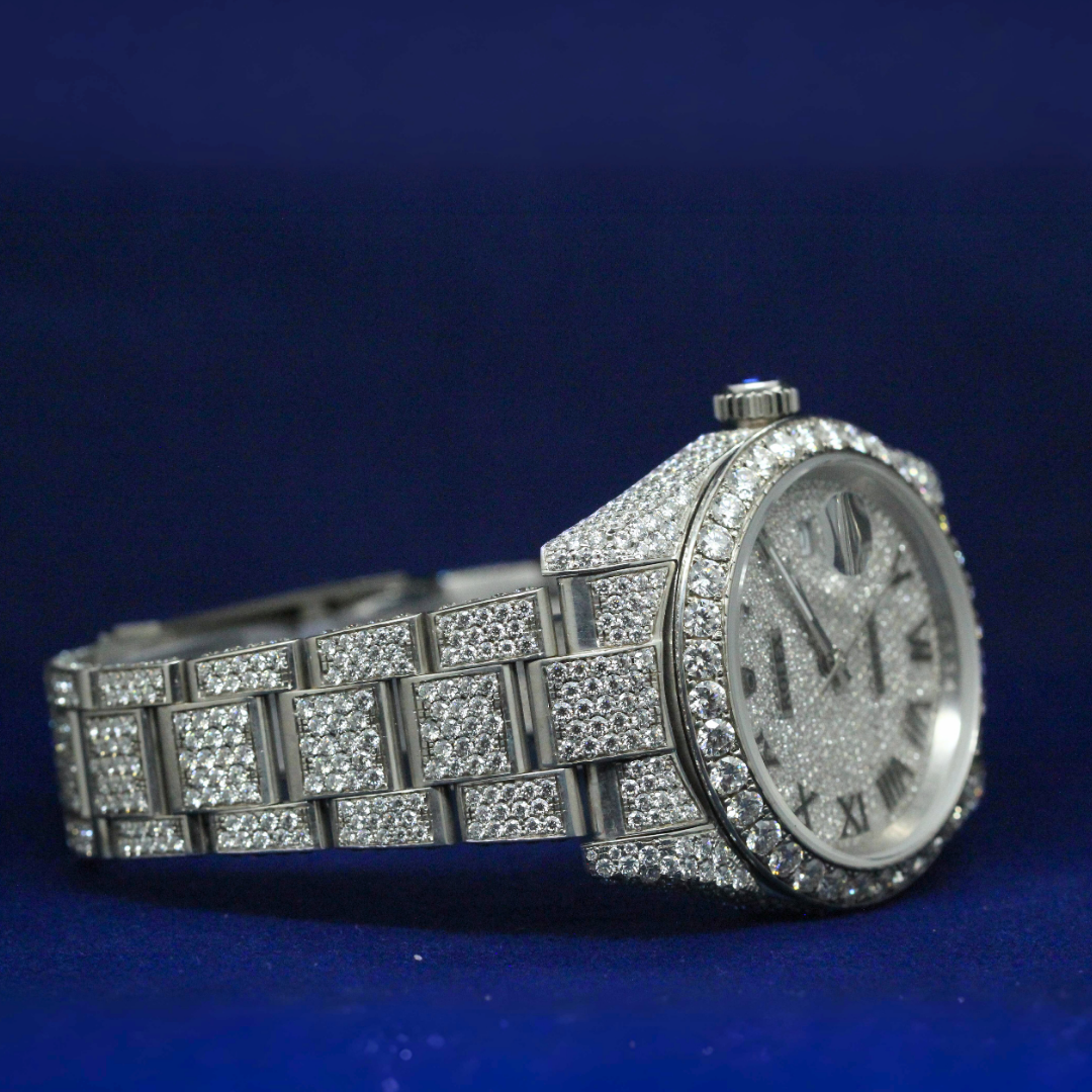 Front view of Silver Roman Majesty watch with moissanite diamonds, silver tone body, and Roman numeral dial in iced-out finish.